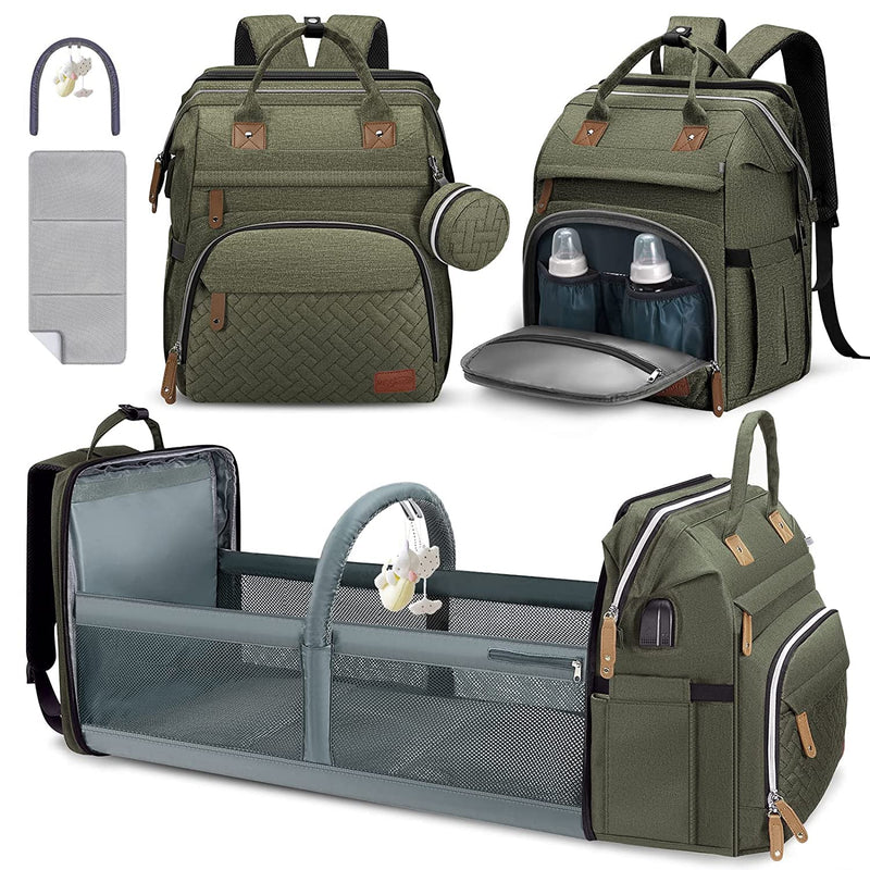 DERJUNSTAR Diaper Bag Backpack, Large Baby Bag with Changing Pad, Thick Padded Back & Straps, Laptop Compartment, Waterproof Travel Backpack with USB Port, Multi - Function for Mom & Dad, Army Green