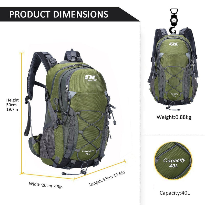 Diamond Candy Waterproof Hiking Backpack for Men and Women, Lightweight Day Pack for Travel Camping, ArmyGreen, 40L