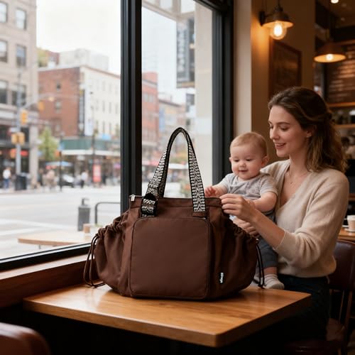 Diaper Bag Tote for Women, Large Capacity Multipurpose Tote with 16 Compartments, Convertible Backpack & Shoulder Bag for Work, Commute, Short Travel & Car Organizer (Chocolate Brown)