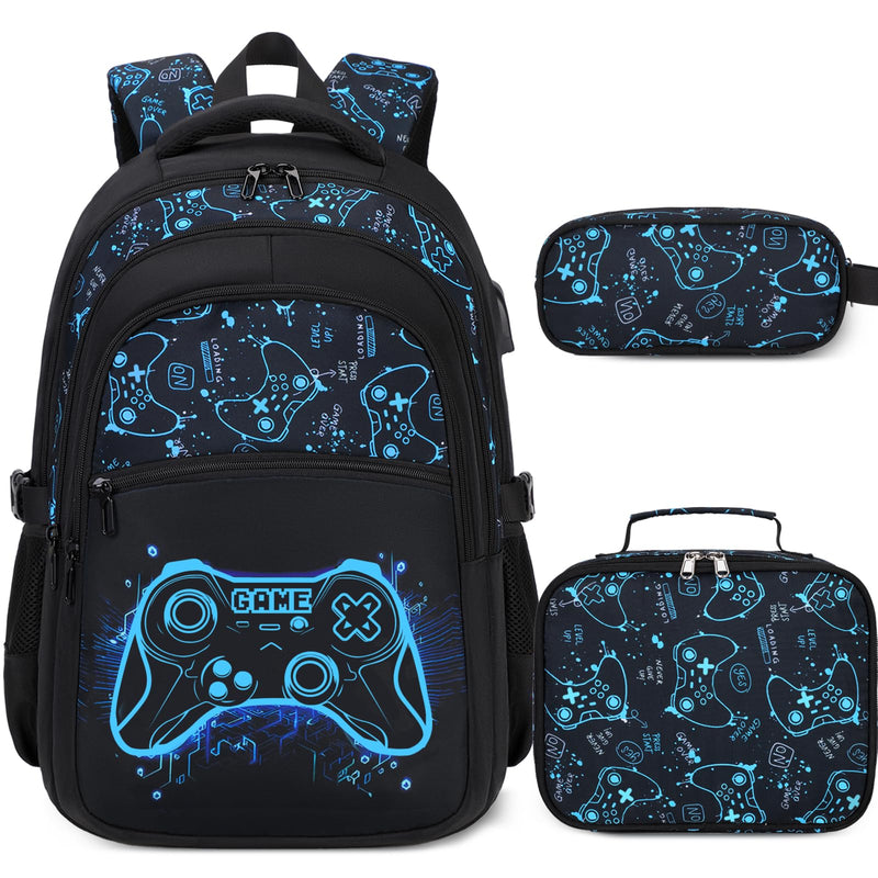 DIGOBAY Boys Backpack for School, 3PCS Cool Luminous Gamer Backpack for Boys with Lunch Box Pencil Case, Kids Backpacks Bookbag for Teen Boy Elementary Middle High School with USB Charging Port