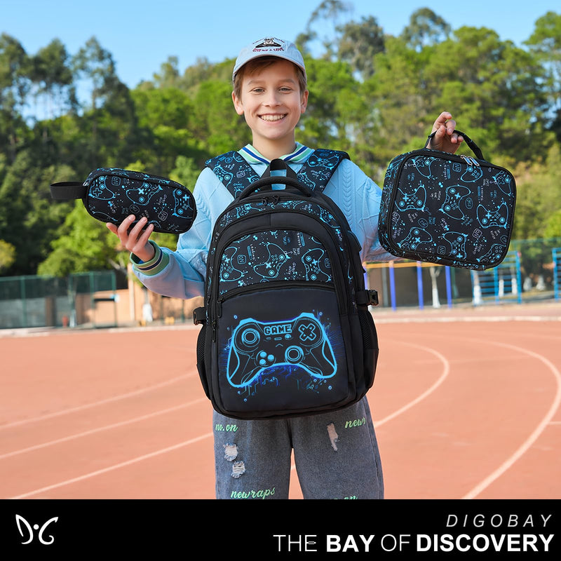 DIGOBAY Boys Backpack for School, 3PCS Cool Luminous Gamer Backpack for Boys with Lunch Box Pencil Case, Kids Backpacks Bookbag for Teen Boy Elementary Middle High School with USB Charging Port