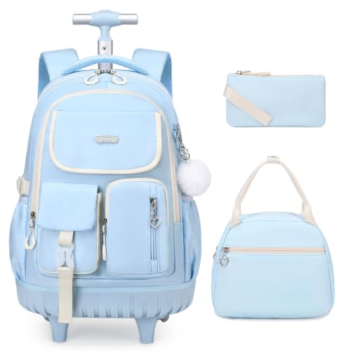 DIGOBAY Rolling Backpack for Girls, Girls Roller Backpack with Lunch Bag and Pencil Case, School Bookbag with Wheels for Elementary Middle High School Travel, Blue