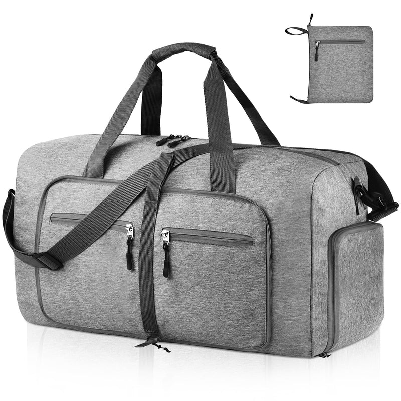 Dimayar 65L Travel Duffle Bag for Men Women - Foldable Duffel Bag with Shoes Compartment - Overnight Bags Waterproof & Tear Resistant(Gray)