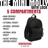 Dime Bags Odor Sealing Locking Backpack, Carbon Lining for Smell & Spill Protection, 3-Digit Combo Lock, Durable Water-Resistant Exterior, Compact Travel Bag, Changeable Patch, Mini Molly (Black)