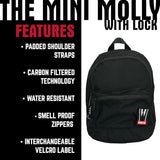 Dime Bags Odor Sealing Locking Backpack, Carbon Lining for Smell & Spill Protection, 3-Digit Combo Lock, Durable Water-Resistant Exterior, Compact Travel Bag, Changeable Patch, Mini Molly (Black)