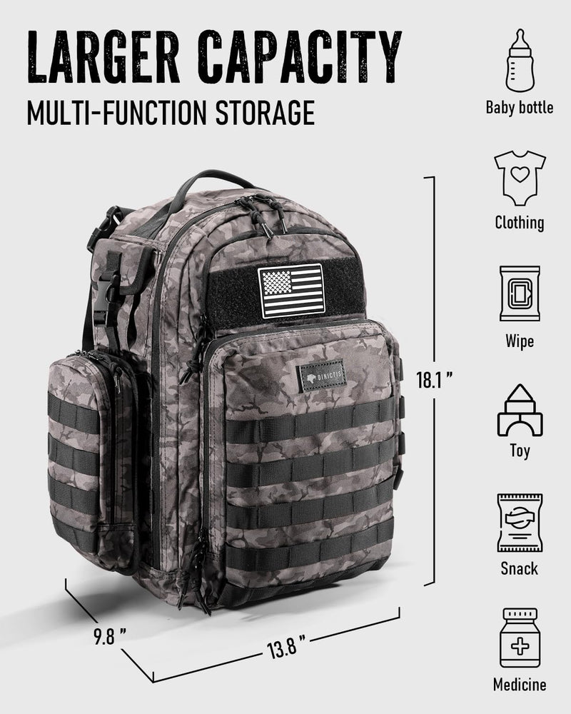 Dinictis Dad Diaper Bag, Mens Diaper Bag Backpack with Diaper Changing Mat, Military Diaper Backpack with Molle Webbing, Waterproof Pouch, Baby Wipes pocket, Insulated Bottle Pockets - Black Camo