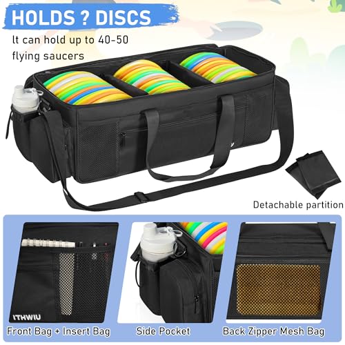 Disc Golf Storage Bag 25 X 10.2 X 10.2 Inch Large Capacity Can Hold 36+ Discs with 3 Dividers and Multi Side Pockets, Black