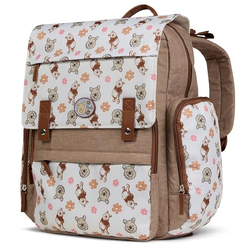 Disney Diaper Bag Backpack with Changing Pad Winnie the Pooh – 16” Nylon Baby Bag for Parents, Insulated Bottle Holders, Multiple Storage Pockets