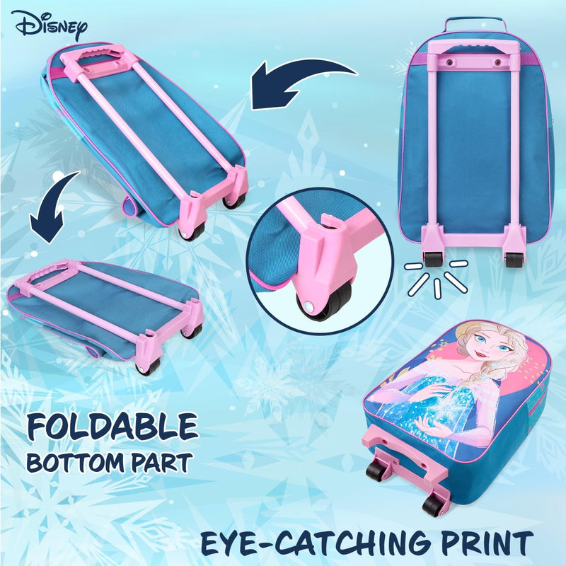 Disney Kids Rolling Luggage 16×11 in, 16‑L Carry‑On Suitcase with Wheels, Foldable Lightweight Travel Bag, Gifts for Kids (Blue Elsa)