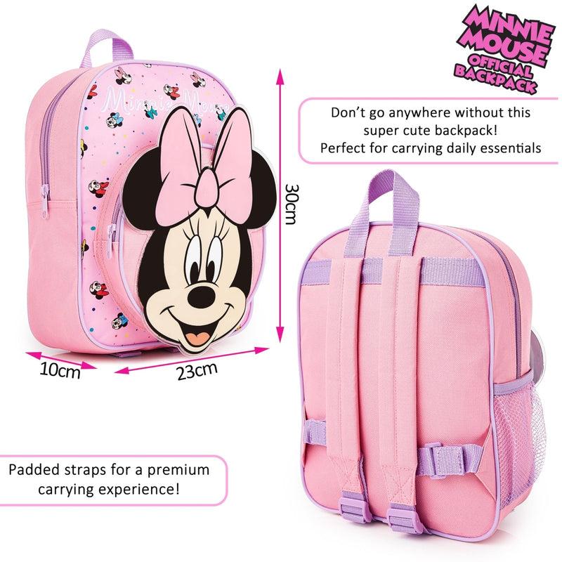 Disney Mini Backpack for Girls Toddlers 12x9” Preschool Backpack for Daycare Travel School Supplies Gifts for Girls (Pink Minnie 3D)