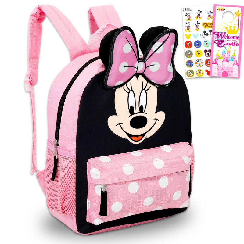 Disney Minnie Mouse Backpack for Girls Toddlers Kids - Bundle with 12" Preschool Toddler Backpack with Ears, Bow, and Stickers (Minnie Mouse School Supplies)