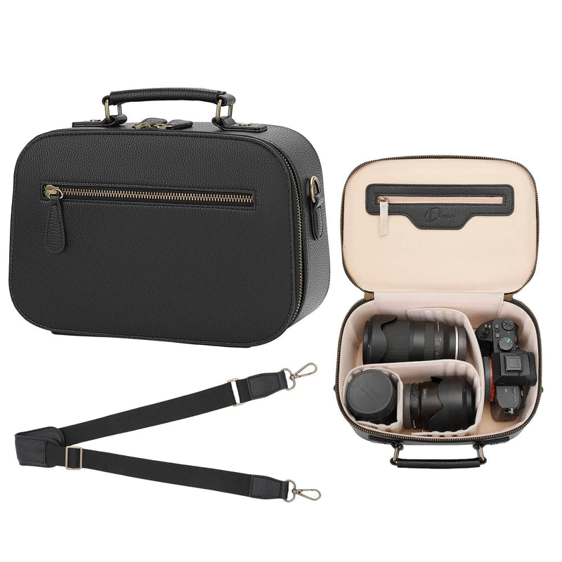 Divvia Camera Sling Bag, Waterproof PU Leather Crossbody Camere Bag for Photographers, Small Shockproof Case with Removable Dividers for DSLR/SLR/Mirrorless, 4L Black