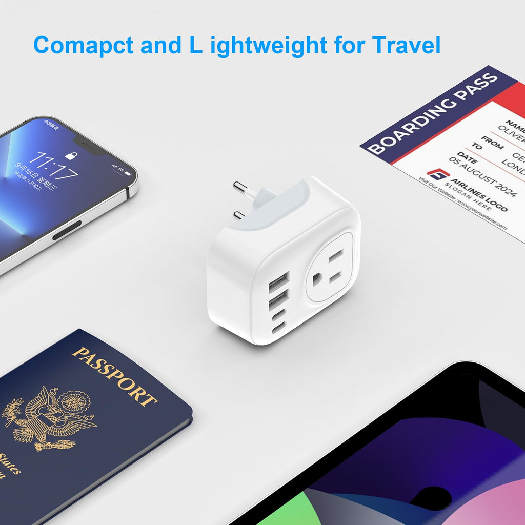DIWILI European Travel Plug Adapter, International Plug Adapter with 2 AC Outlets 4 USB Ports(2 USB C), Type C Europe Power Plug Charger for US to Europe EU France Spain Germany Iceland Italy
