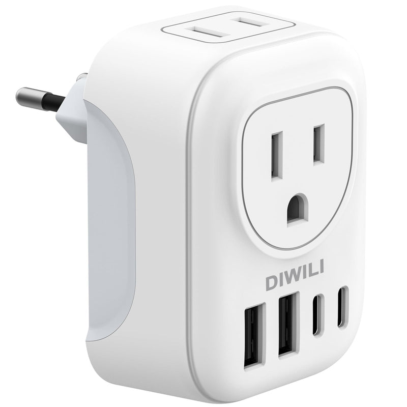 DIWILI European Travel Plug Adapter, International Plug Adapter with 2 AC Outlets 4 USB Ports(2 USB C), Type C Europe Power Plug Charger for US to Europe EU France Spain Germany Iceland Italy