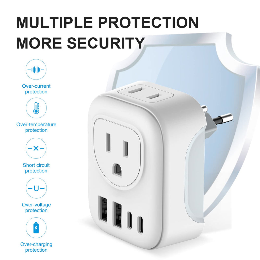 DIWILI European Travel Plug Adapter, International Plug Adapter with 2 AC Outlets 4 USB Ports(2 USB C), Type C Europe Power Plug Charger for US to Europe EU France Spain Germany Iceland Italy