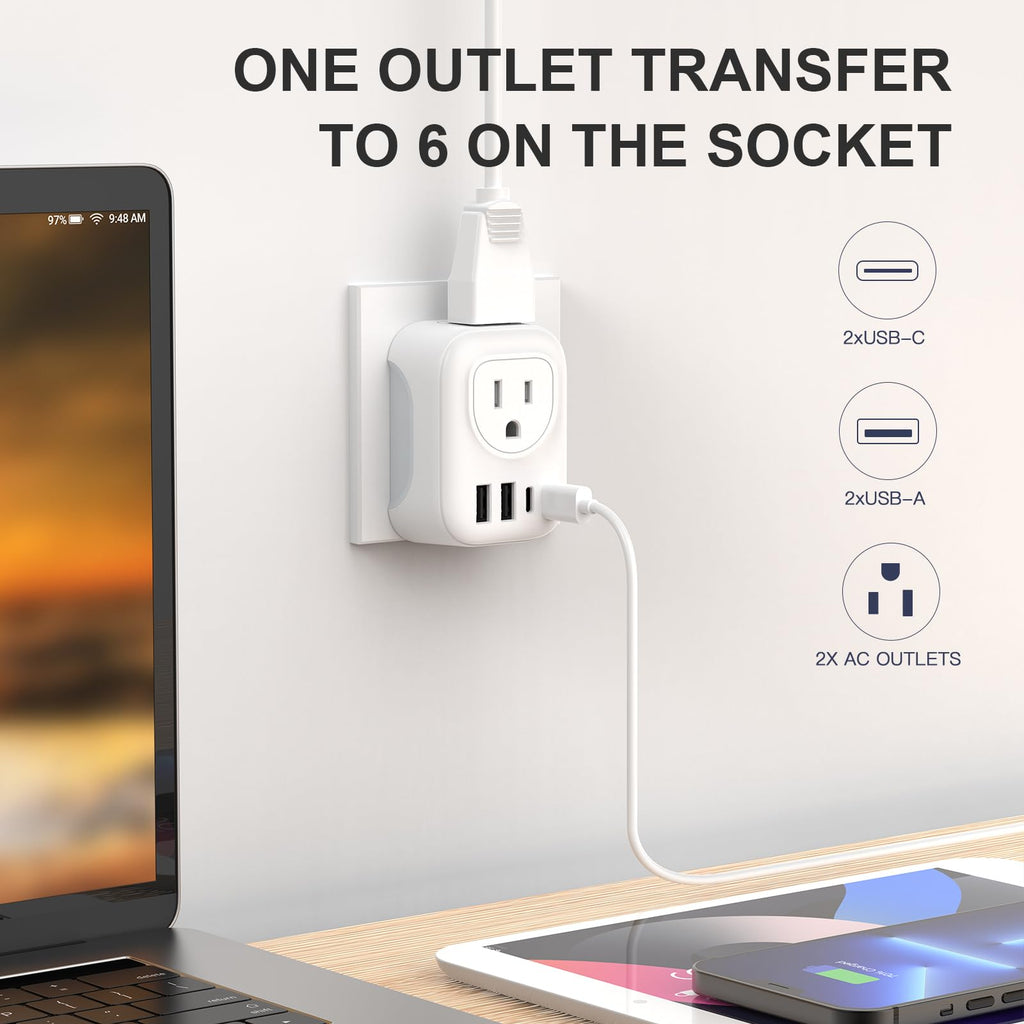 DIWILI European Travel Plug Adapter, International Plug Adapter with 2 AC Outlets 4 USB Ports(2 USB C), Type C Europe Power Plug Charger for US to Europe EU France Spain Germany Iceland Italy