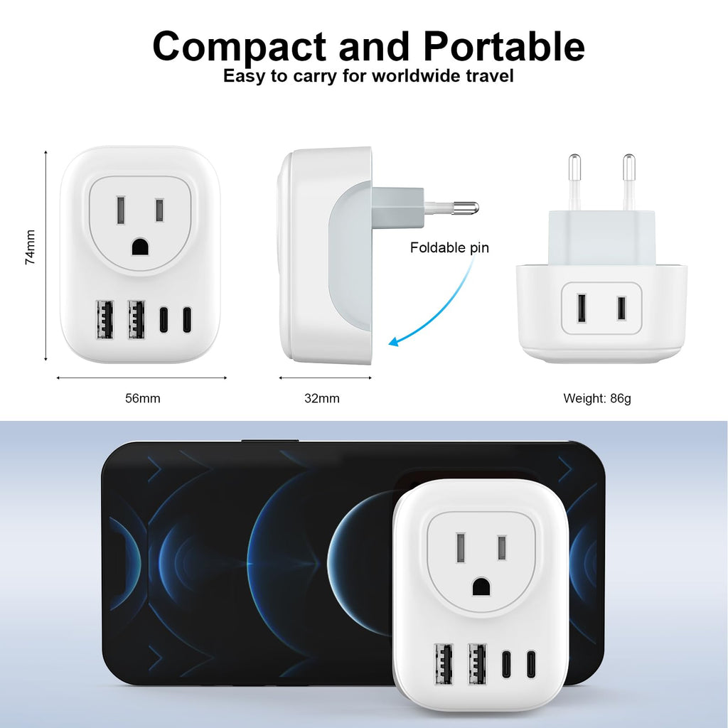 DIWILI European Travel Plug Adapter, International Plug Adapter with 2 AC Outlets 4 USB Ports(2 USB C), Type C Europe Power Plug Charger for US to Europe EU France Spain Germany Iceland Italy