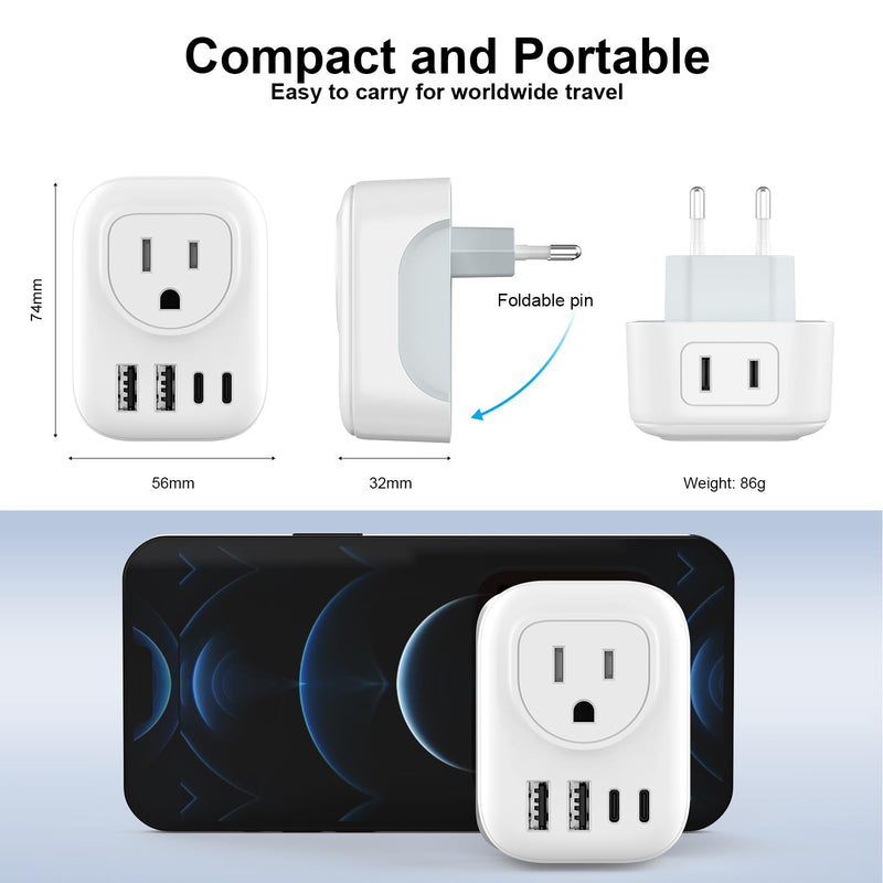 DIWILI European Travel Plug Adapter, International Plug Adapter with 2 AC Outlets 4 USB Ports(2 USB C), Type C Europe Power Plug Charger for US to Europe EU France Spain Germany Iceland Italy