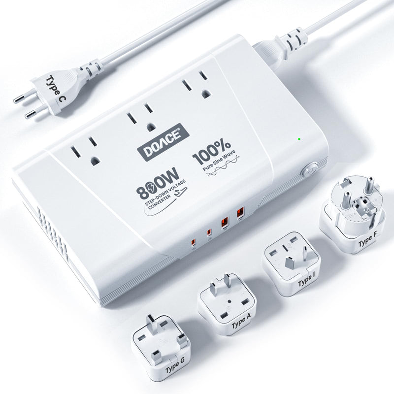 DOACE 800W Pure Sine Wave Voltage Converter US to Europe - 220V to 110V Converter for European Travel, Power Converter Adapter Combo with 35W PD and 30W QC USB Chargers for Using U.S. Devices Abroad