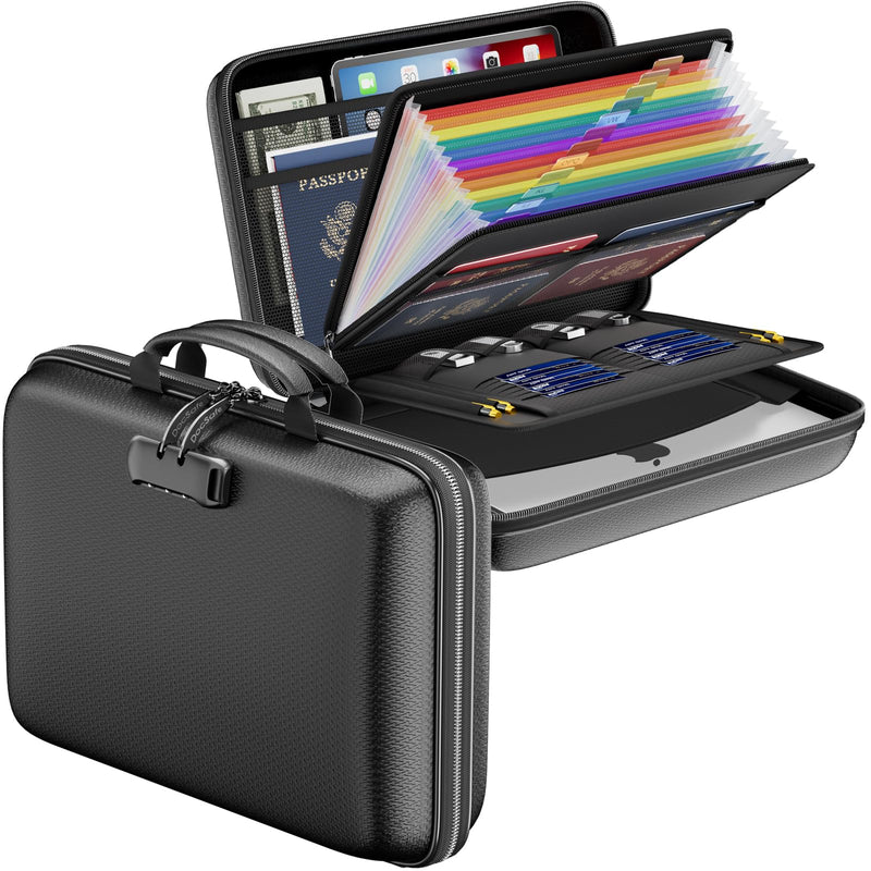 DocSafe Fireproof File Organizer with Lock, Hard - Shell Case Fireproof Document Box with 13 Pocket Accordion File Folder, Portable Home Office Travel Safe Storage for Important Documents Laptop Black