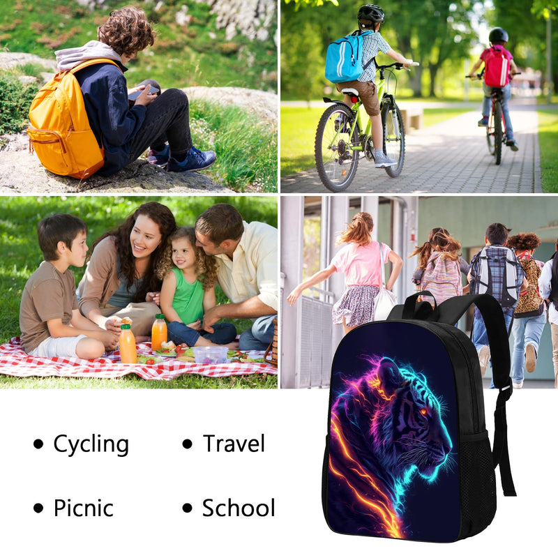 DOINBEE Tiger Backpack Blue Pink and Yellow Fire Tiger Laptop Backpacks for School/Travel/Work, Funny Animal Print Black School Bookbag for Kids Girls Boys, Water Resistant Casual 17" Daypack
