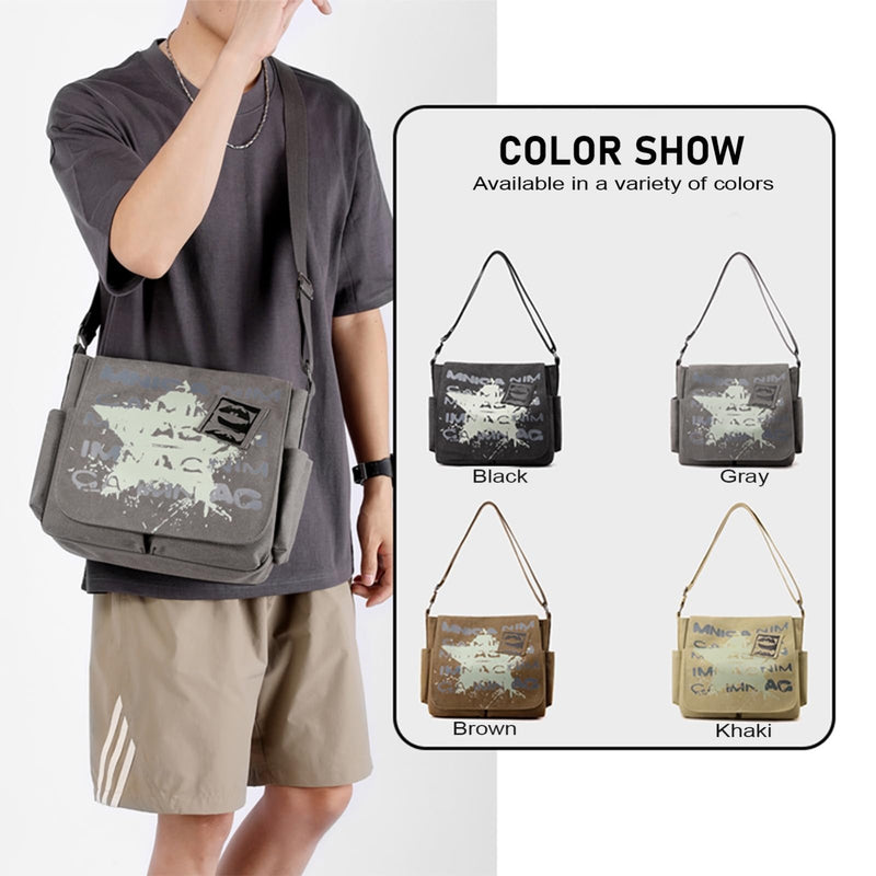 DOURR Canvas Messenger Bag for Men and Women Printing Star Vintage Crossbody Shoulder Satchel for College Work Travel (Gray)