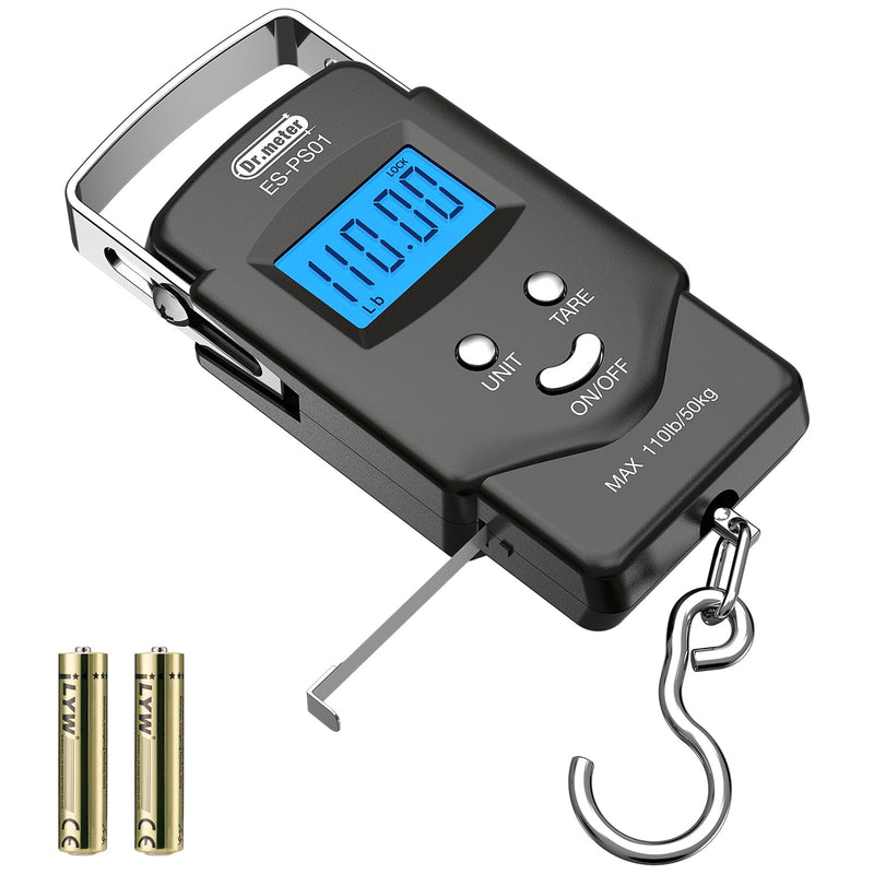 Dr.meter Fish Scale Luggage Scale Fishing Gear - 110lb/50kg Backlit LCD Display Digital Scale with Built - in Measuring Tape - Fishing Scale with 2 AAA Batteries, Pocket Size - Fishing Gifts for Men