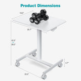 DUMOS Small Standing Desk Mobile Portable Rolling Laptop PC Table on Wheels Adjustable Height Computer Workstation for Home Office, 19 Inch, Modern White