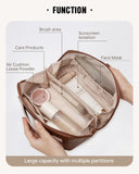 EACHY Travel Makeup Bag, Large Capacity Cosmetic Bags for Women, Waterproof Portable Open Flat Toiletry Bag Make up Bag with Divider and Handle, Gifts for Women (I - Brown, Medium)