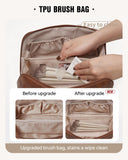EACHY Travel Makeup Bag, Large Capacity Cosmetic Bags for Women, Waterproof Portable Open Flat Toiletry Bag Make up Bag with Divider and Handle, Gifts for Women (I - Brown, Medium)