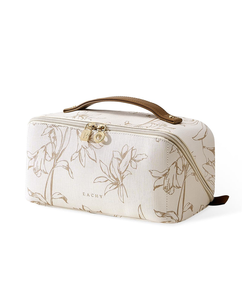 EACHY Travel Makeup Bag, Large Capacity Cosmetic Bags for Women, Waterproof Portable Pouch Open Flat Toiletry Bag Pattern Make up Bag (F - Beige)
