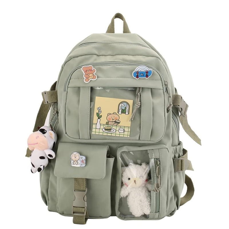 Eagerrich Cute Backpack with Cute Pin Accessories Plush Pendant for School Bag Student Girl Backpack Super - Capacity Waterproof Travel Backpack(Green - 2)