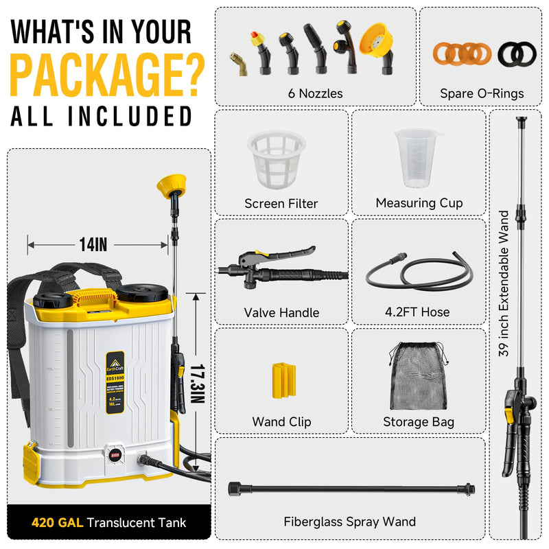 EarthCraft 4.2 Gal Battery Powered Backpack Sprayer Compatible with DeWalt 20V Battery (Tool Only), Equipped with Mixing System, Backpack Garden Sprayer with 6 Spray Nozzles for Lawn, Garden, Yard