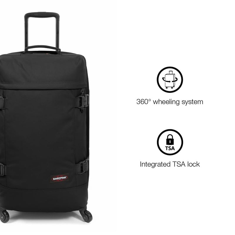 EASTPAK Trans4 M – 68L Large Wheeled Luggage with Dual Compartments, TSA Lock, 360° Spinner Wheels, and Diamond - Embossed Handle, Black