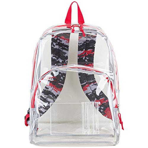 Eastsport Clear Backpack Stadium Approved See Through Transparent Heavy Duty with Padded Adjustable Straps – Perfect for Travel, Security, Airports, Concerts, and Sporting Events - Poppy Red/Digital