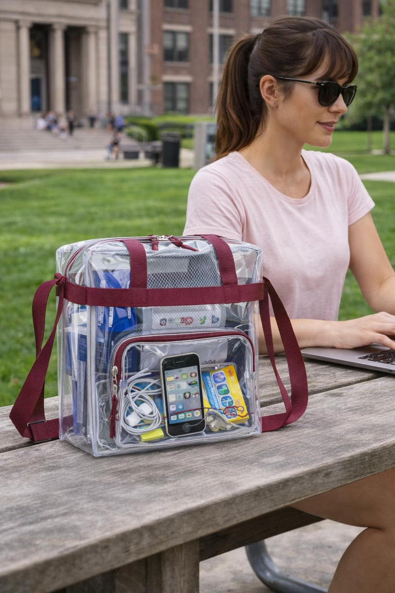 Eastsport Clear Bag for Stadium Events 12×5×12 Clear Tote Lunch Bag with Reinforced Straps for Work and Sporting Events, Burgundy