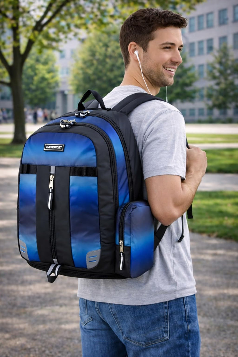 Eastsport Extra Large Backpack Expandable Oversized For Travel Hiking Work Camping Sports Outdoors With Drawstring Bag 18x13.5x9.5 Mochila De Viaje Blue Ombre Black