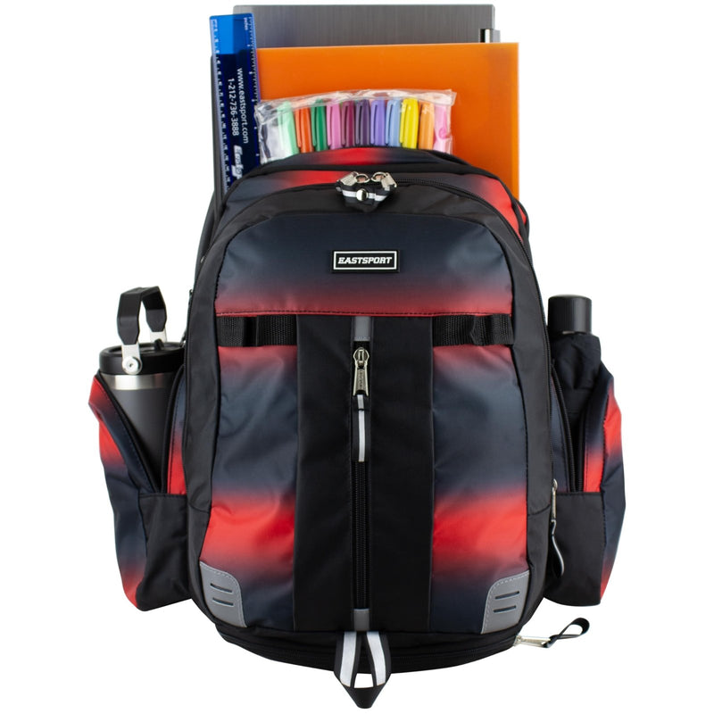 Eastsport Extra Large Backpack Expandable Oversized For Travel Hiking Work Camping Sports Outdoors With Drawstring Bag 18x13.5x9.5 Mochila De Viaje Red Ombre Black