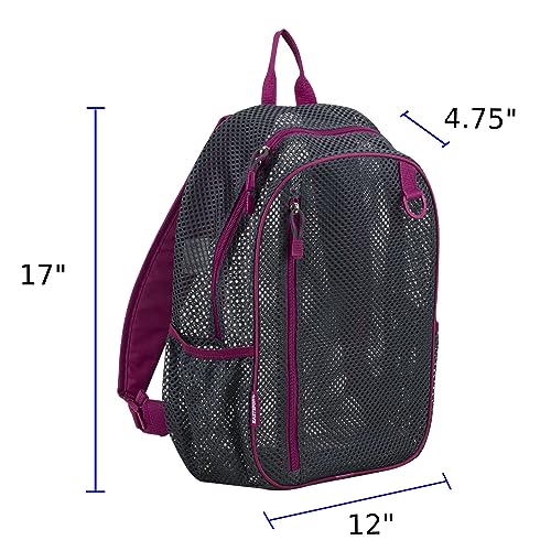 Eastsport Gym Mesh Backpack See Through Semi Transparent with Adjustable Straps for Work, Travel, Security, Swimming and Beach - Graphite/Raspberry Trim