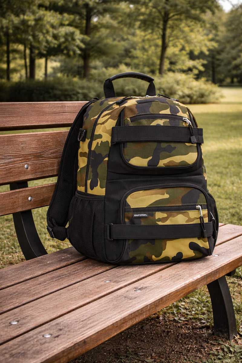 Eastsport Travel Skateboard Backpack Double Strap Laptop Bag Multi - Sport Design for Men and Women, Army Camo