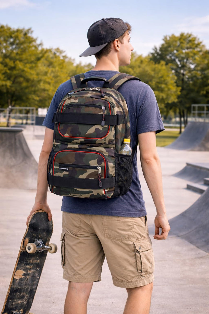 Eastsport Travel Skateboard Backpack Double Strap Laptop Bag Multi - Sport Design for Men and Women, Black Green Camo Red Trim