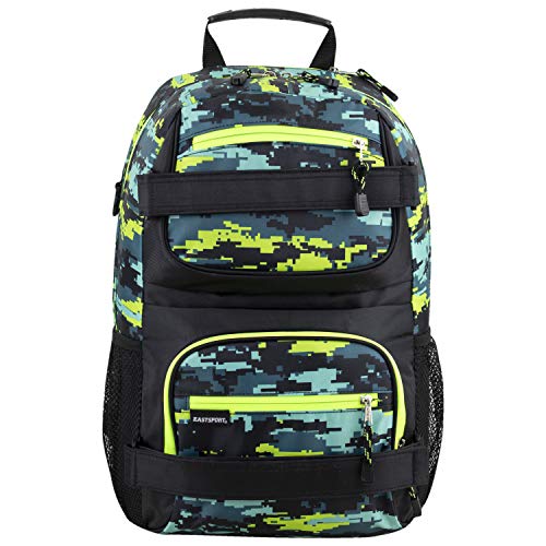 Eastsport Travel Skateboard Backpack Double Strap Laptop Bag Multi-Sport Design for Men and Women, Neon Yellow Blue Static Camo Black