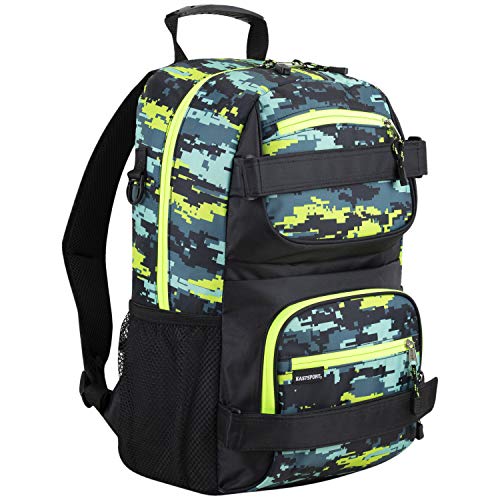 Eastsport Travel Skateboard Backpack Double Strap Laptop Bag Multi-Sport Design for Men and Women, Neon Yellow Blue Static Camo Black | Backpacks4Less