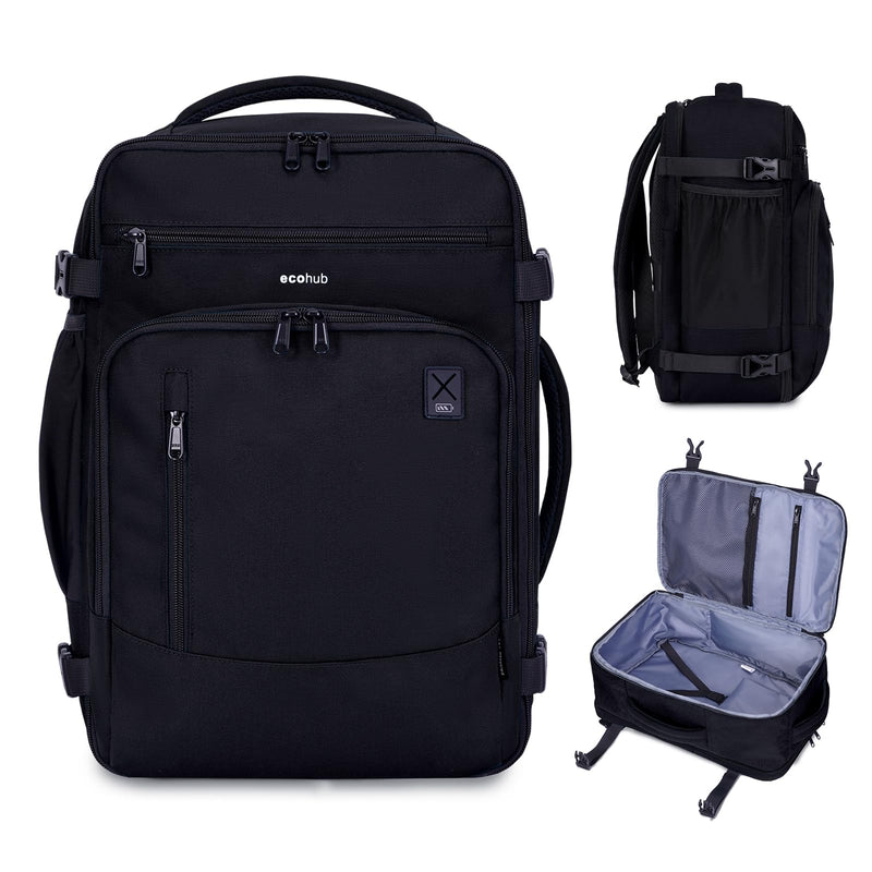 ECOHUB 17" Small Travel Backpack, United Airlines Personal Item Bag 17x10x9 with 16 Pockets, Water Resistant Rucksacks Fit 15.6" Laptop, AirTag Pocket, Lightweight Casual Daypack, 25L, Black