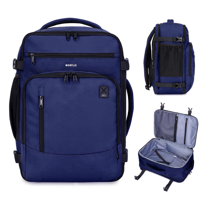 ECOHUB 17" Small Travel Backpack, United Airlines Personal Item Bag 17x10x9 with 16 Pockets, Water Resistant Rucksacks Fit 15.6" Laptop, AirTag Pocket, Lightweight Casual Daypack, 25L, Blue
