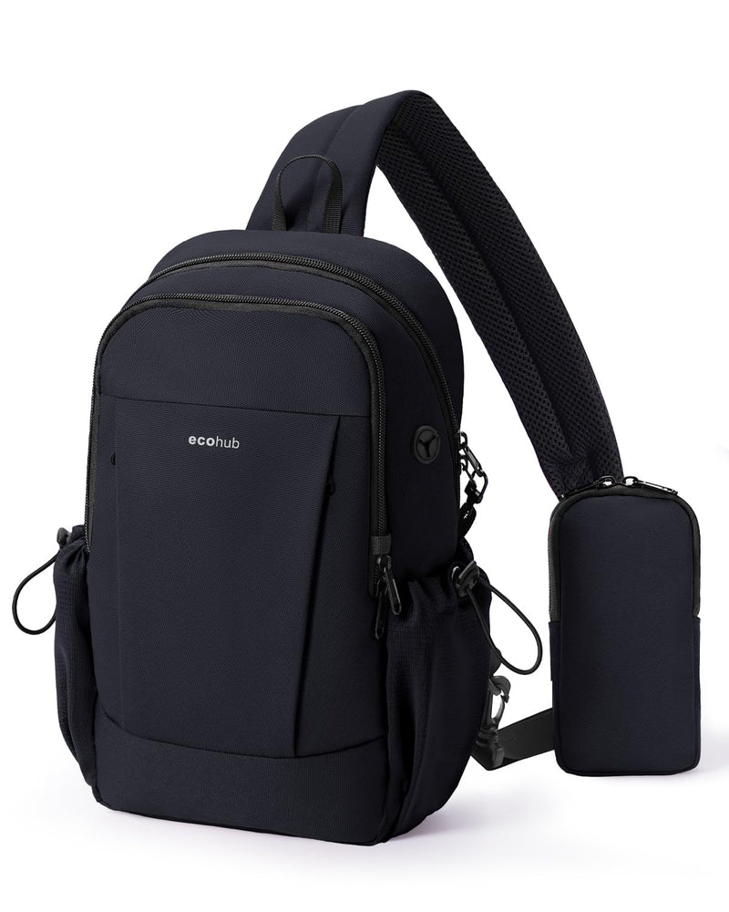 ECOHUB Anti - Theft Crossbody Bag Men Women, RFID Blocking Lightweight Sling Backpack Eco - Friendly with 9 Pockets Sturdy SBS Zippers Water Resistant for Travel Work Hiking Outdoor, Black