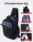ECOHUB Anti - Theft Crossbody Bag Men Women, RFID Blocking Lightweight Sling Backpack Eco - Friendly with 9 Pockets Sturdy SBS Zippers Water Resistant for Travel Work Hiking Outdoor, Black