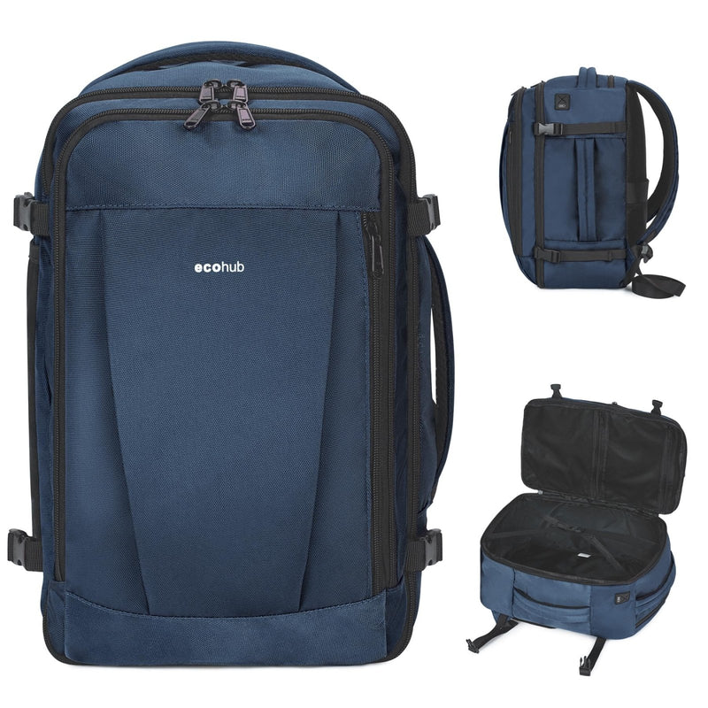 ECOHUB Travel Backpack 18x14x8 Spirit Airlines Personal Item Bag Carry On Backpack 13 Pockets Large Work Casual Daypack for men Airline Approved Waterproof Gym Backpack with Charging Port, Blue