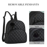 ECOSUSI Mini Backpack for Women Leather Small Backpack Purse for Ladies Cute Pom Bookbag Travel Shoulder Bag with Charm Tassel Black