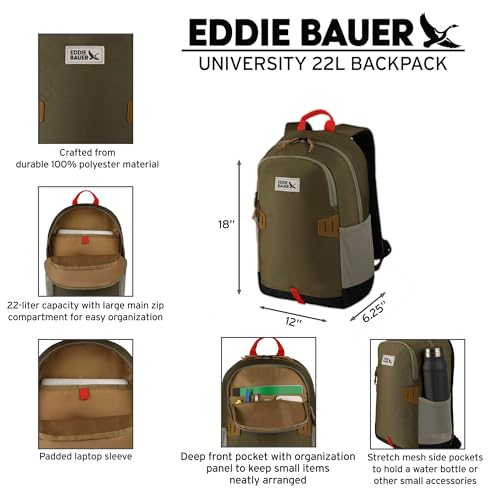 Eddie Bauer University Backpack 22L | Everyday Carry | Work | Travel | Commuter | Padded Laptop Sleeve | Stretch Bottle Pockets | Lightweight | Durable - Field Gold